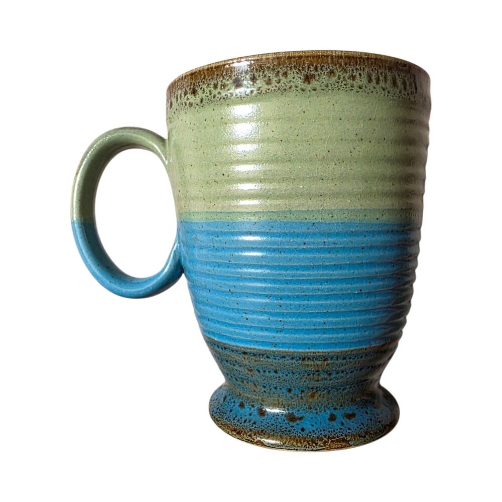 Tin Can Folk Art Pottery Coffee Mug Blue Green Glaze 12 OZ Ceramic Stamped EUC